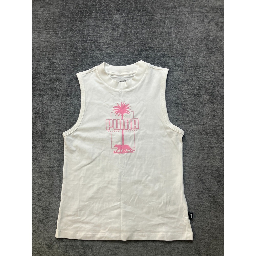 Puma Essentials+ Palm Resort Tank Top Women Medium White Graphic Print Crew Neck